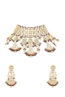 Gold Finish Kundan Polki & Red Beaded Bridal Choker Necklace Set