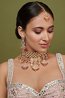 Gold Finish Kundan Polki & Red Beaded Bridal Choker Necklace Set