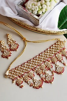 Gold Finish Kundan Polki & Red Beaded Bridal Choker Necklace Set