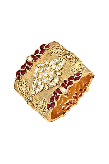 Gold Finish Red Semi Precious Stone Cuff Bangle