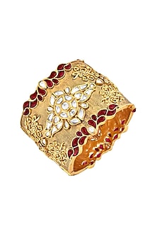 Gold Finish Red Semi Precious Stone Cuff Bangle