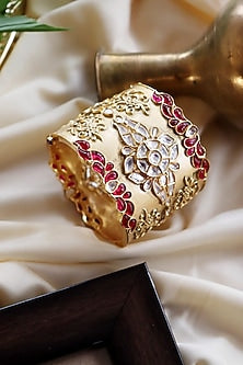 Gold Finish Red Semi Precious Stone Cuff Bangle
