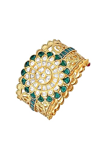Gold Finish Green Semi Precious Stone Cuff Bangle