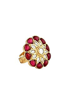 Gold Finish Red & White Kundan Polki Flower Ring