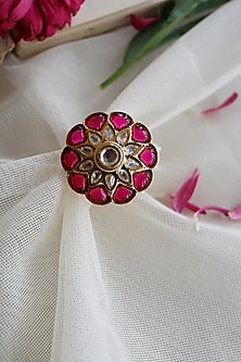 Gold Finish Red & White Kundan Polki Flower Ring