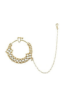 Gold Finish Kundan Polki & Pearl Ghungroo Nose Ring