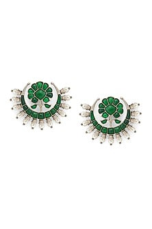 Silver Finish Green Semi-Precious Stone Stud Earrings