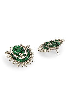 Silver Finish Green Semi-Precious Stone Stud Earrings