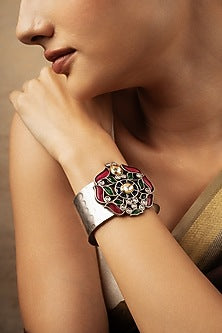 Silver Finish Kundan Polki & Semi-Precious Stone Corsage Cuff