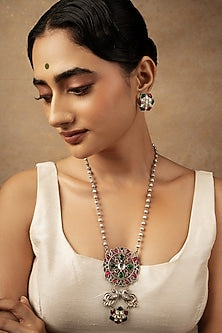 Oxidised Silver Finish Semi-Precious Stone Floral Long Necklace Set