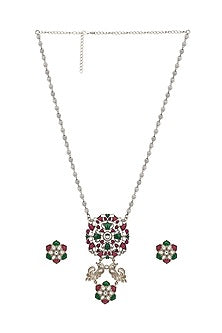 Oxidised Silver Finish Semi-Precious Stone Floral Long Necklace Set