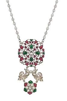Oxidised Silver Finish Semi-Precious Stone Floral Long Necklace Set