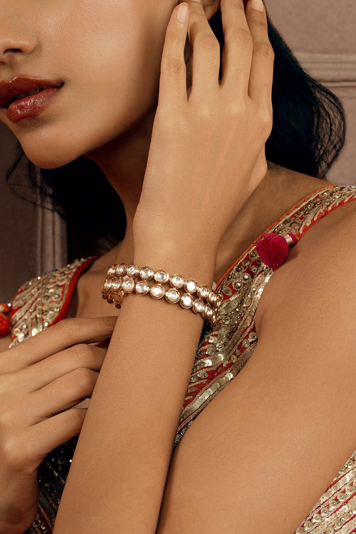 Gold Plated Kundan Polki & Semi-Precious Stone Halo Bangle