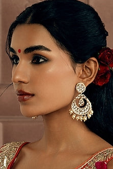Gold Plated kundan Polki & Pearl String Chandbali Earrings
