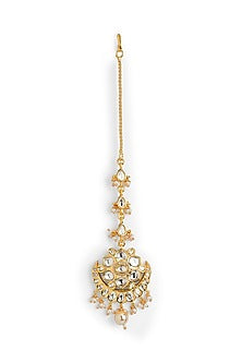 Gold Plated Floral Motifs & Sitara Stone Crescent Drop Maangtikka