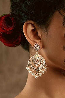 Gold Plated kundan Polki Pink Enameled Chandbali Earrings