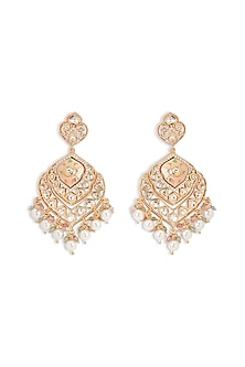 Gold Plated kundan Polki Pink Enameled Chandbali Earrings