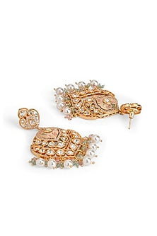 Gold Plated kundan Polki Pink Enameled Chandbali Earrings