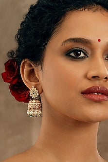 Gold Plated kundan Polki Emerald Green Enameled Jhumka Earrings