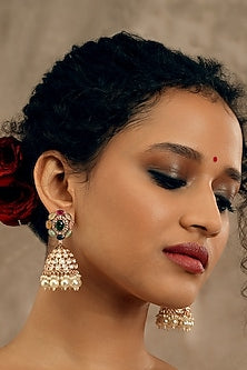 Gold Plated Kundan Polki & Navratna Gemstone Jhumka Earrings