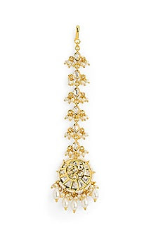 Gold Plated Kundan Stone & Floral Motifs Crescent-Shaped Maangtikka