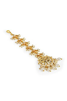 Gold Plated Kundan Stone & Floral Motifs Crescent-Shaped Maangtikka