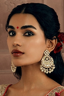 Gold Plated Kundan Polki & Pearl Drop Swirl Chandbali Earrings