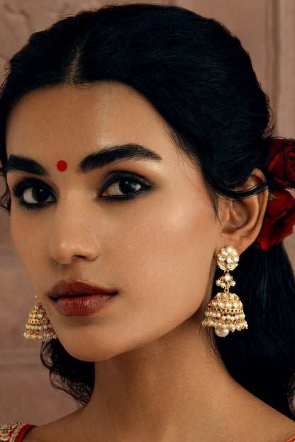 Gold Plated Kundan Polki & Pearl Drop Jhumka Earrings