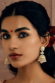 Gold Plated Kundan Polki & Pearl Drop Jhumka Earrings