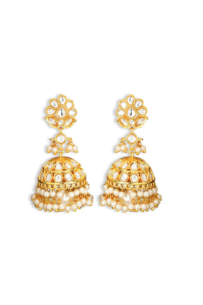 Gold Plated Kundan Polki & Pearl Drop Jhumka Earrings