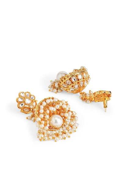 Gold Plated Kundan Polki & Pearl Drop Jhumka Earrings