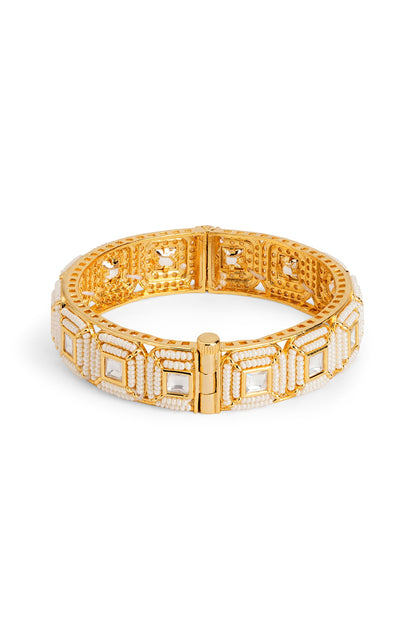 Gold Plated Kundan Stone & Pearl Bangle