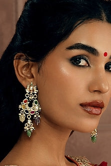 Gold Plated Navratna Gemstone Floral Dangler Earrings