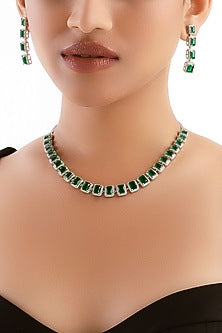 Silver Finish Emerald Gemstone & Cubic Zirconia Necklace Set