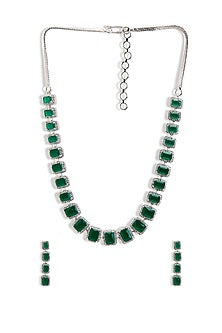 Silver Finish Emerald Gemstone & Cubic Zirconia Necklace Set