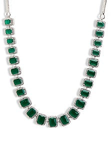 Silver Finish Emerald Gemstone & Cubic Zirconia Necklace Set