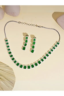 Silver Finish Emerald Gemstone & Cubic Zirconia Necklace Set