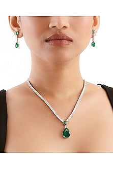 Silver Finish Emerald Stone & Cubic Zirconia Pendant Necklace Set