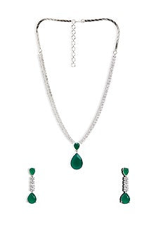 Silver Finish Emerald Stone & Cubic Zirconia Pendant Necklace Set