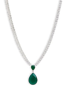 Silver Finish Emerald Stone & Cubic Zirconia Pendant Necklace Set