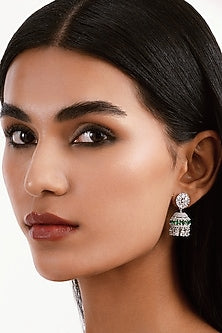 Silver Finish Emerald Stone & Cubic Zirconia Mini Jhumkas