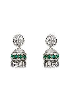 Silver Finish Emerald Stone & Cubic Zirconia Mini Jhumkas