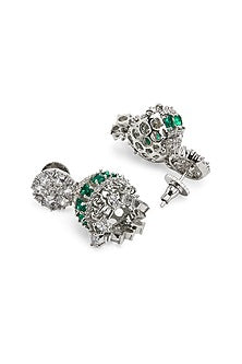 Silver Finish Emerald Stone & Cubic Zirconia Mini Jhumkas