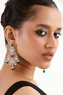 Silver Finish Emerald Diamond & Cubic Zirconia Chandbali Earrings