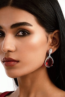 Silver Finish Red Gemstone & Cubic Zirconia Earrings