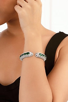 Silver Finish Emerald Gemstone & Cubic Zirconia Cuff Bracelet