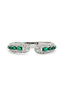 Silver Finish Emerald Gemstone & Cubic Zirconia Cuff Bracelet