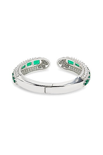 Silver Finish Emerald Gemstone & Cubic Zirconia Cuff Bracelet