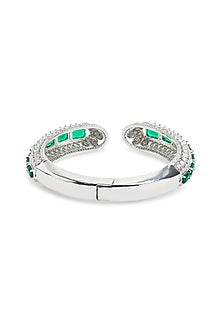 Silver Finish Emerald Gemstone & Cubic Zirconia Cuff Bracelet