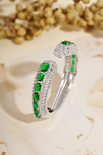 Silver Finish Emerald Gemstone & Cubic Zirconia Cuff Bracelet